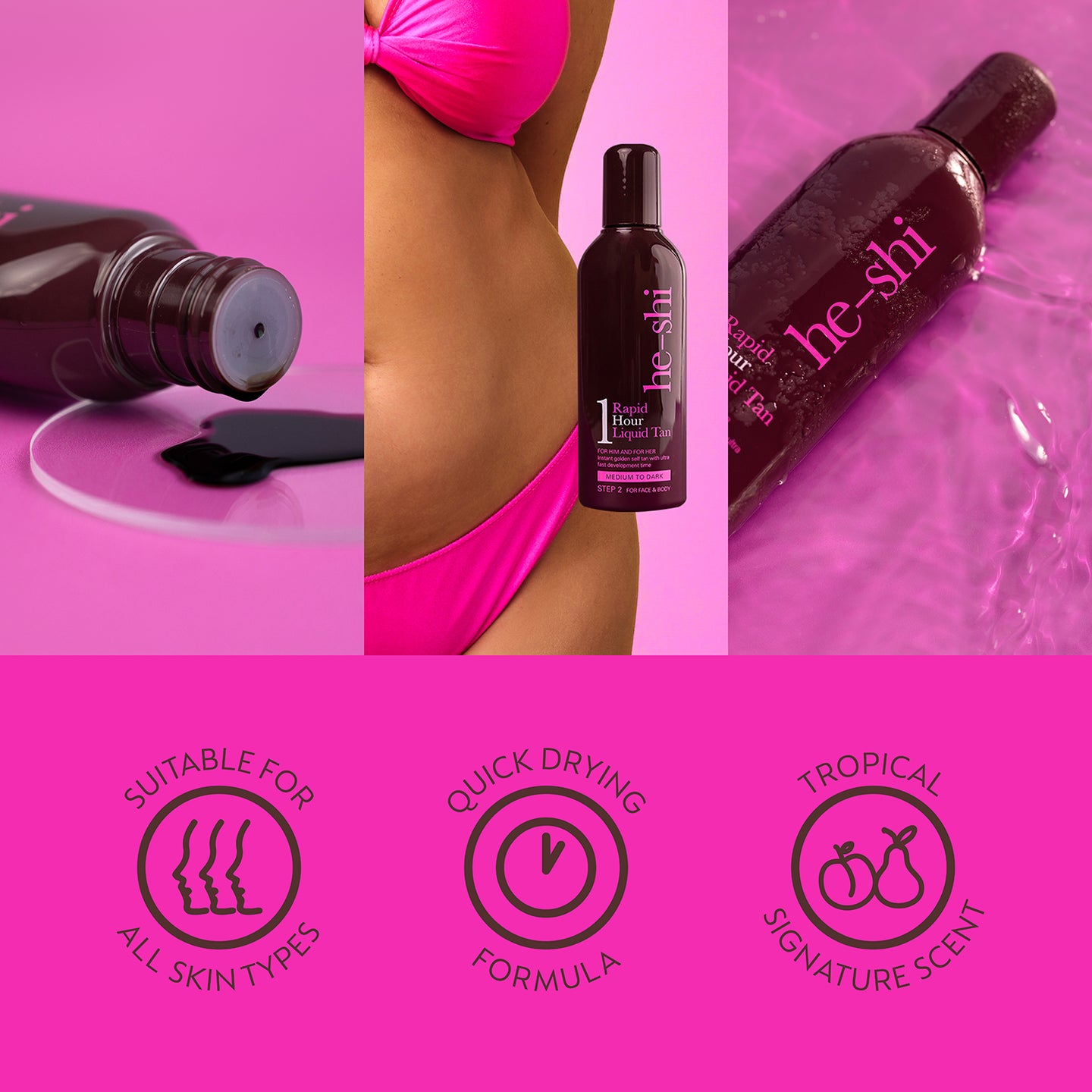 Collage of images of He-Shi Rapid Liquid Tan bottle and applied on skin. Image also features the following key product features: 'suitable for all skin types', 'streak free formula' and 'tropical signature scent'